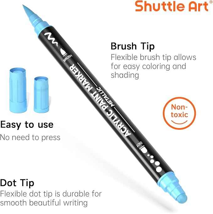 28 Metallic Colors Dual Tip Acrylic Paint Markers, Brush Tip and Dot Tip Acrylic Paint Pens for Rock, Ceramic, Wood, Canvas, Plastic, Glass, Stone, Calligraphy, Card Making, Crafts & Nail Art