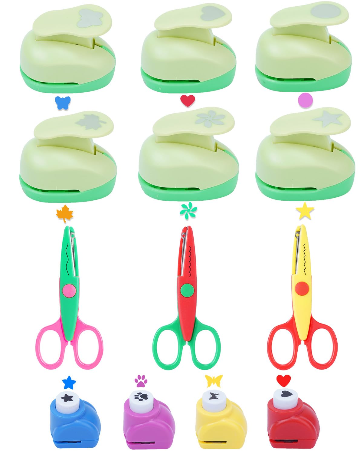 UCEC Paper Punches for Crafting, 3 Pcs Craft Scissors Decorative Edge, 6 Pcs 1 Inch Paper Puncher, 4 Pcs 3/8 inch Hole Punch, Circle Heart Star Shapes Puncher Scissors Sets - Crafty Corner