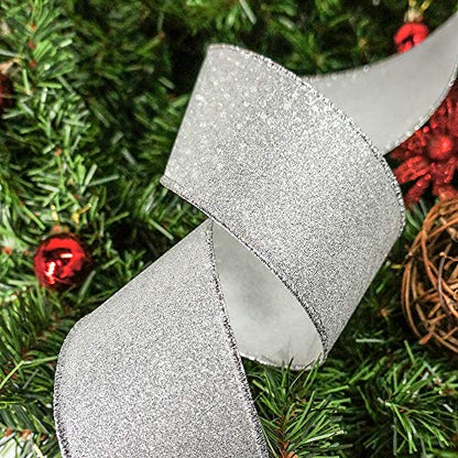 Glitter Wired Ribbon 2.5" x 10 Yards Silver for Christmas Home Decor Bow Gift Wrapping DIY Crafts Wreath (30 Foot)