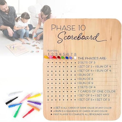 Phase 10 Score Board, 2025 New Wooden Phase 10 Scoreboard and Round Tracker with 8 Colored Pegs, Phase 10 Score Sheets, Board Card Games for Party Family Adults