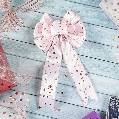 Pink Star Wired Ribbon 2.5 Inch Rose Gold Star Ribbon Wired 25 Yards Roll Pink Wedding Ribbons Stars Christmas Ribbons for Crafts (75 Foot)
