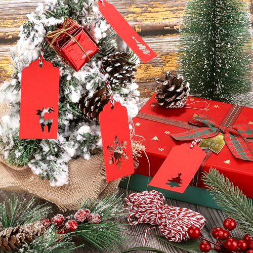 150 Pieces Christmas Paper Gift Tags Red Kraft Tags Hang Labels Christmas Tree Snowflake Reindeer Design with 30 Meters Twine for Christmas DIY Wrapping Favor Holiday Present