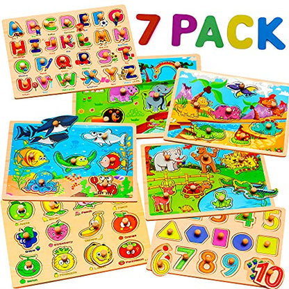 7 Pack Wooden Puzzles for Toddlers 2 3 4 5 Years Old (7 Count)