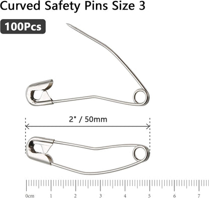 100Pcs Curved Safety Pins Size 3, 2" / 50mm Quilting Basting Pins, Bent Safety Pins for Quilting and Knitting (Sliver)