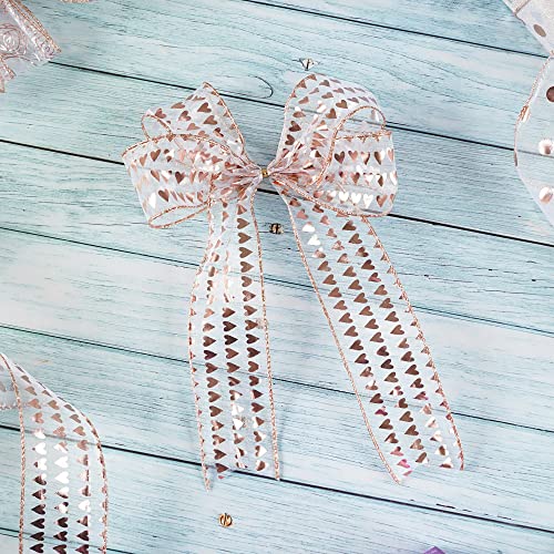 2.5 Inch Rose Gold Heart Wired Ribbon 25 Yards Pink Sheer Ribbons with Hearts Roll Pink Organza Wedding Ribbons Heart Ribbon for Crafts (75 Foot)