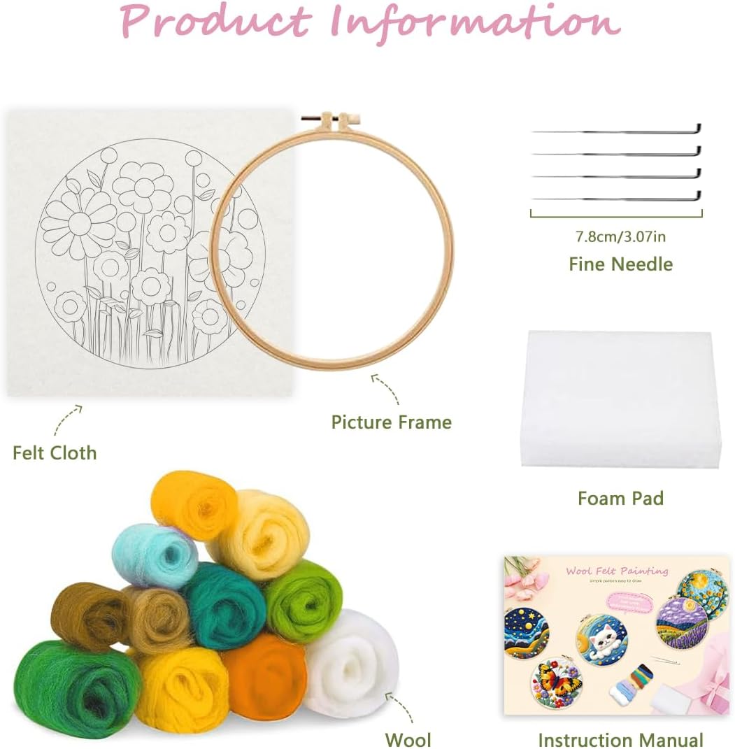 yesJRL Needle Felting Kits Beginners, Natural Landscape DIY Wool Needle Felting Starter Kit, Floral Needle Felt Set with Foam Pad, Felt Cloth and Instructions, Used for Home Decoration (Blue)