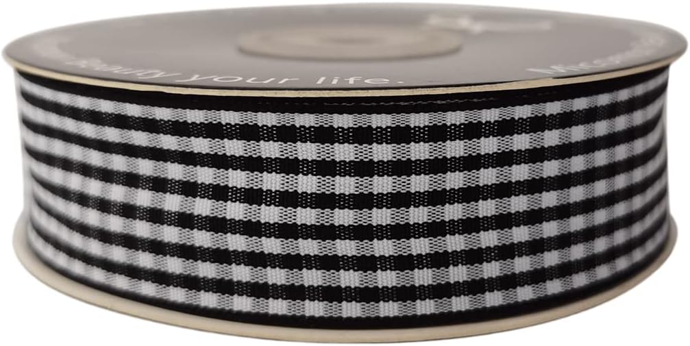1 Inch Black and White Woven Edge Gingham Ribbon 25 Yards Each Roll 100% Polyester (1", Black) - Crafty Corner