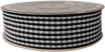 1 Inch Black and White Woven Edge Gingham Ribbon 25 Yards Each Roll 100% Polyester (1", Black) - Crafty Corner