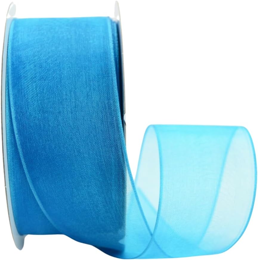 Ribbon Bazaar Sheer Organza Wired Ribbon - 100% Polyester Wire Edged Ribbon for Floral Decor, Table Arrangements, Apparel Embellishment & More - 1-1/2" Turquoise 25yd - Crafty Corner
