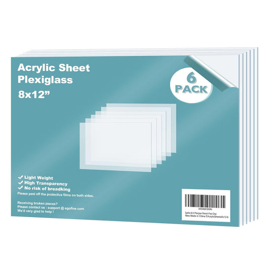 Egofine Plexiglass Sheets Acrylic Sheets 6 Pack of 8x12’’ 0.04 Thick Clear Plastic Cast Transparent Plexi Glass for Crafting Projects, Replacement Picture Frame Glass, DIY Display, Easy to Cut