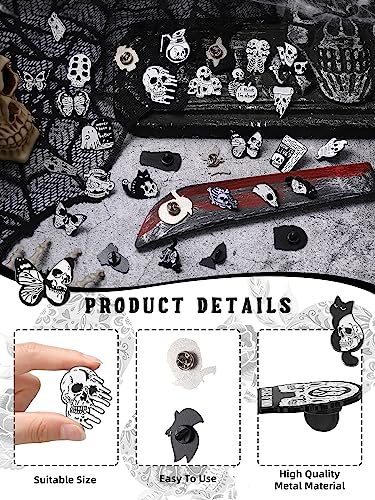 30 Pieces Goth Enamel Pins Set Horror Enamel Pins for Backpacks Cool Skeleton Ghost Butterfly Cat Silver Lapel Pin Steampunk Brooches Pin for Hats Clothes Women Men