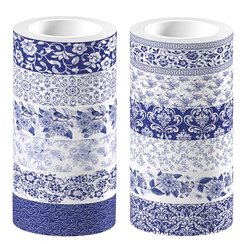 12 Pcs blue and white porcelain Washi Tape Maple Leaf Print Masking Tape Pumpkin Pattern Decorative Paper Sticker for Fall Party Holiday Scrapbook DIY Craft Gift Wrapping Handbook Sticker (12 Count)