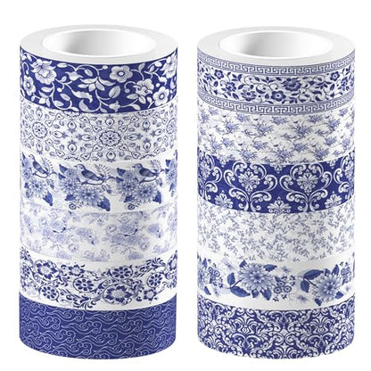 12 Pcs blue and white porcelain Washi Tape Maple Leaf Print Masking Tape Pumpkin Pattern Decorative Paper Sticker for Fall Party Holiday Scrapbook DIY Craft Gift Wrapping Handbook Sticker (12 Count)