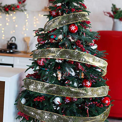 2.5 Inch Wide Christmas Wired Ribbon Snowflake Organza Sheer Glitter Ribbon for Xmas Tree (32.7 Foot)