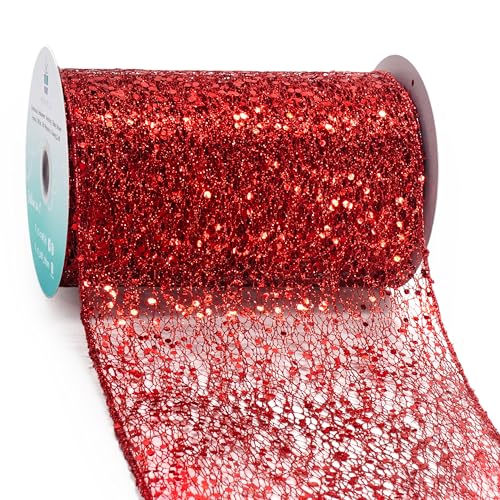 Sparkling Glitter Mesh Wired Ribbon 6" x 10 Yards Red for Christmas Home Decor Bow Gift Wrapping DIY Crafts Wreath (30 Foot)
