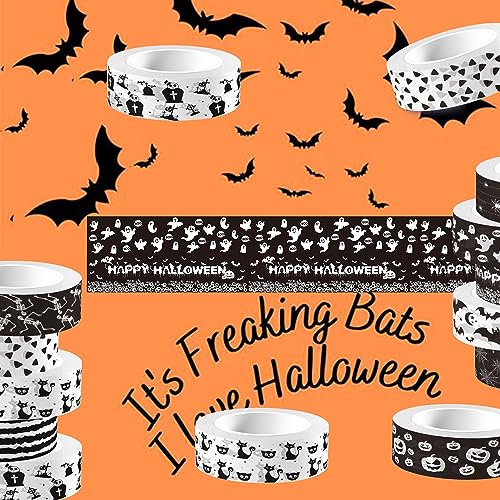 12 Pcs Halloween Washi Tape White and Black Halloween Masking Tape Ghosts Pumpkins Bats Pattern Decorative Paper Sticker for Halloween Party Holiday Scrapbook DIY Craft Gift Wrapping Handbook Sticker (12 Count)