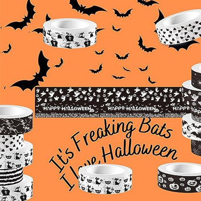 12 Pcs Halloween Washi Tape White and Black Halloween Masking Tape Ghosts Pumpkins Bats Pattern Decorative Paper Sticker for Halloween Party Holiday Scrapbook DIY Craft Gift Wrapping Handbook Sticker (12 Count)