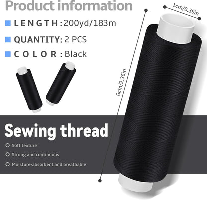 Bupete 2 Rolls Black Thread for Sewing, 200 Yards Each Roll Sewing Thread, Polyester Threads for Sewing Machine Embroidery Hand Stitching