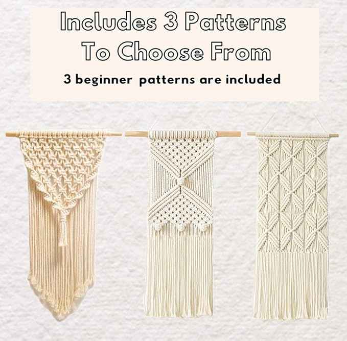RQWZBCHX DIY Macrame Wall Hanging Kits, 3 Patterns Macrame DIY Wall Hangers for Beginners, Home Decor with 200 Meters Macrame Cord, 3 PCS Wooden Dowels and Instruction Booklet for Macrame Starters