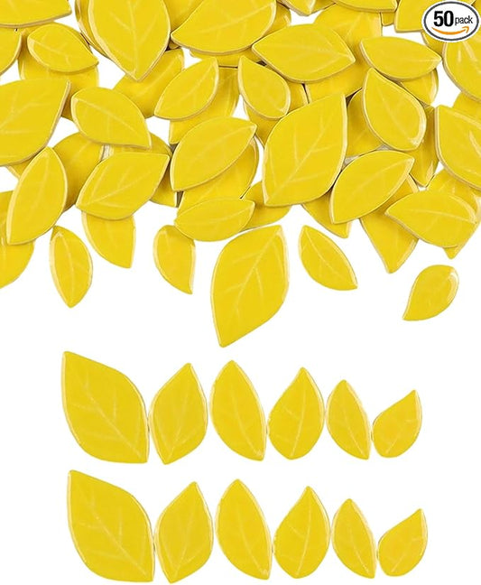 200g Mixed Sizes Leaves Mosaic Tiles for Craft Bulk, Small Ceramic DIY Stepping Stone Kit, Glazed Porcelain Tiles for Coasters Lamp Bathroom Decorations (Yellow)