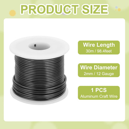 MECCANIXITY 12 Gauge Anodized Aluminum Craft Wire Bendable Bonsai Training Wire 98 Feet 2mm for Sculpting Crafts Wreath Floral Beading Jewelry Making, Black