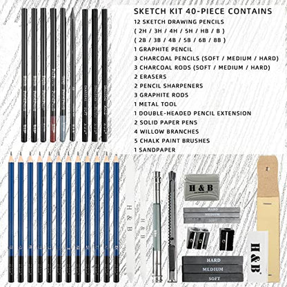 40 Piece Professional Sketch Pencil Drawing Kit