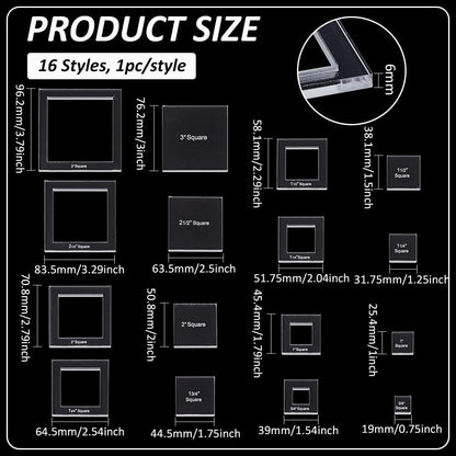BENECREAT 16 Sizes Square Quilting Template, Acrylic Intricate Sewing Machine Ruler, Transparent Pressure Plate Router Template for DIY Hand Patchwork Cutting Craft, 6mm Thick
