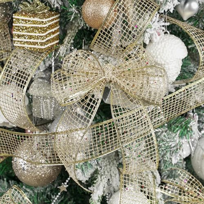 Champagne Gold Glitter Christmas Ribbon 2.5 Inch Square Mesh Net Wired Ribbons with Rainbow Sparkle Champagne Ribbon for Christmas Tree Decoration (30 Foot)