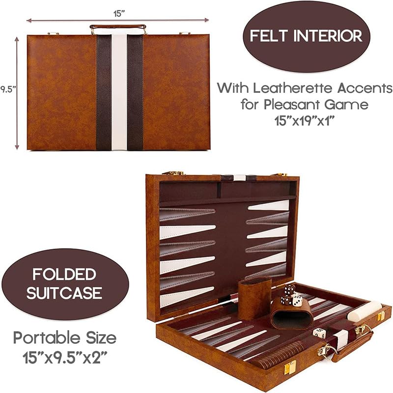 15 Inch Portable Backgammon Set with Folding Board and Leather Travel Case