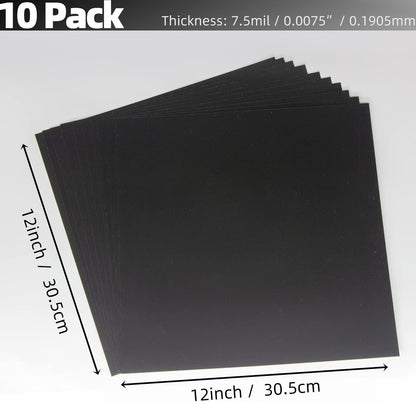 Opaque Black Plastic Sheets, 7.5mil (.0075") 12” X 12” Craft PET Film, PET Stencil Material, Glossy and Flexible Plastic Sheet for Crafts, Cricut, Silhouette Cameo, Sign Makers (10 Pack)