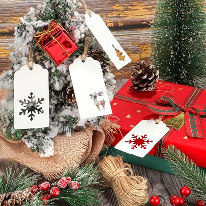 150 Pieces Christmas Paper Gift Tags White Kraft Tags Hang Labels Christmas Tree Snowflake Reindeer Design with 30 Meters Jute Twine for Christmas DIY Wrapping Favor Holiday Present
