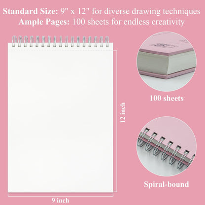 Cute Sketchbook Pink, 9"x12" Sketch Book for Teen Girls, 100 Sheets Girl Sketchbook 73lb/120gsm Drawing Paper for Kids, Art Supplies for Teens 14-16 Girls. - Crafty Corner