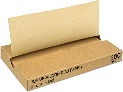 Precut POP UP Deli Paper Sheet Pack of 200, Interfolded Heavy Paper for Food Wrap and Serving (10" x 10-1/2", Kraft）