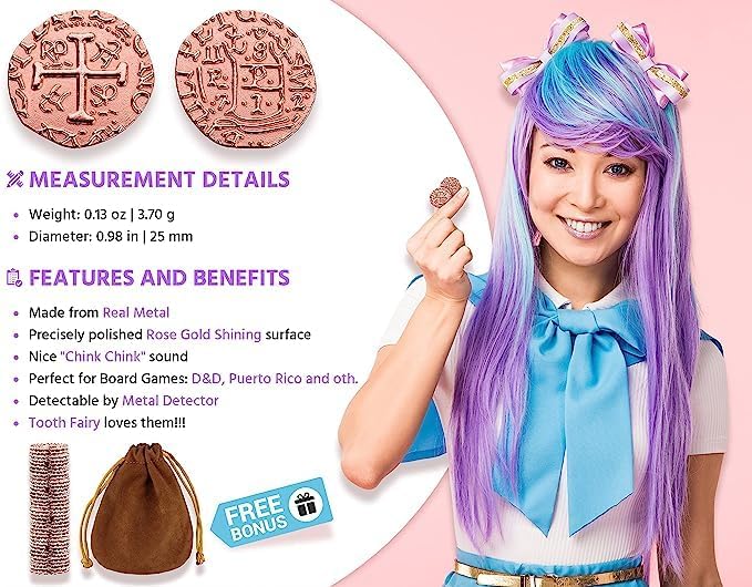 Large Metal Pirate Coins - 35 Rose Gold Treasure Coin Set, Metal Replica Spanish Doubloons for Pirate Party Decorations & Favors, Tokens, Toys, Cosplay - Pirate Treasure Chest - Size 0,98"
