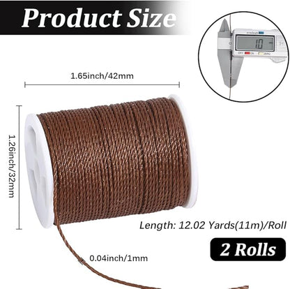 2 Rolls 24 Yards 1MM Round Wax Thread Coffee Brown Beading Rope String Waxed Polyester Taiwan Sturdy Twist Cord Threads for Jewelry Making Bracelets Necklaces Waist Chain Macrame Supplies