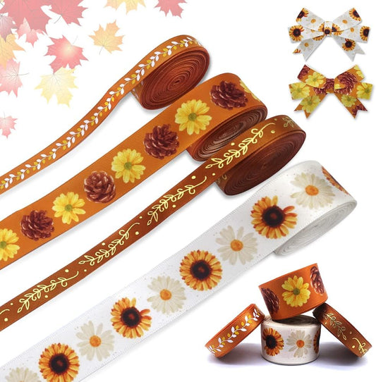4 PCS Thanksgiving Fall Ribbons for Crafting, 3/8''Width and 4/5''Width Flowers Ribbons White Orange Satin Ribbon Metallic Leaves Craft Ribbons for Gift Wrapping Fall Decorations - Crafty Corner