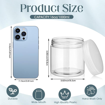SATINIOR 12 Pack 16 oz Plastic Container Jars with Lids Round Clear Travel Cosmetic Container Slime Jars for Toiletries, Lotion, Cream, Ointments, Makeup, Rhinestone, Samples, Kitchen Storage(Clear)