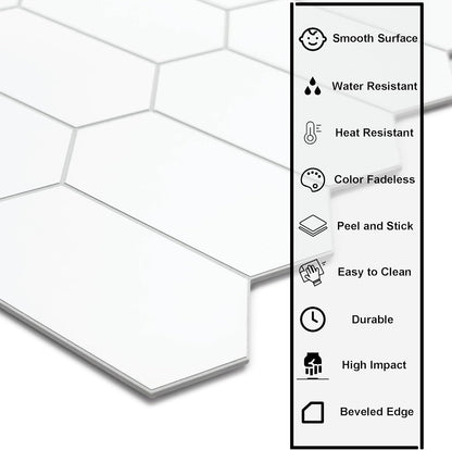 The Tiles Plaza 10-Sheet Peel and Stick Backsplash, White Long Hexagon Self Adhesive Wall Tile, Stone Composite Stick On Decorative Mosaic Tile for Kitchen Bathroom Fireplace