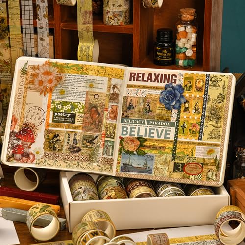 36 Rolls Vintage Washi Tape Pack Retro Arts Adhesive Tapes Wide Chronicle Decorative Masking Tape Sets for Craft (36 Count)