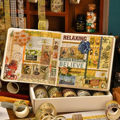 36 Rolls Vintage Washi Tape Pack Retro Arts Adhesive Tapes Wide Chronicle Decorative Masking Tape Sets for Craft (36 Count)