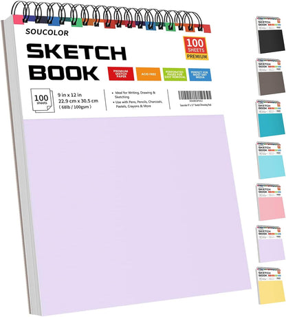 Soucolor 9" x 12" Aesthetic Sketch Book, 1-Pack 100 Sheets School Supplies Cute Sketchbook for Women, Japanese Stationary Sketching Supplies for Kids Teen Girl Gifts Birthday Gifts, Pastel Purple - Crafty Corner