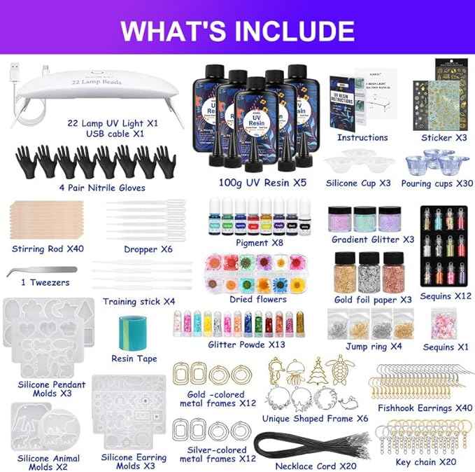 KISREL UV Resin Jewelry Making Kit - 500g Crystal Clear UV Resin, Large Light with 22 Beads and Jewelry Molds, Fast Curing for Keychains, Earring Making, DIY Craft Decorations