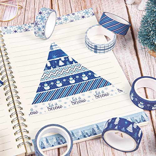 12 Rolls Winter Washi Tape Blue White Snowflake Snowman Holiday Masking Tape Xmas Tree Reindeer Assorted Pattern Washi Tape for Scrapbook Journal DIY Craft Gift Wrapping Party Decor (196.8 Foot )