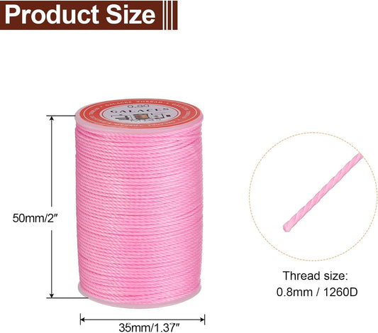 uxcell Round Leather Sewing Waxed Thread, 55m / 60 Yards Wax Polyester String, 0.8mm Waxed Stitching Cord for Leather Crafts, Bookbinding, Bracelets Braided, Pink