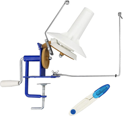 LAMXD Needlecraft Large Jumbo Metal Yarn/Wool/String/Fiber Ball Winder Hand Operated,10-Ounce,with Thread Cutter Scissors, Blue and White