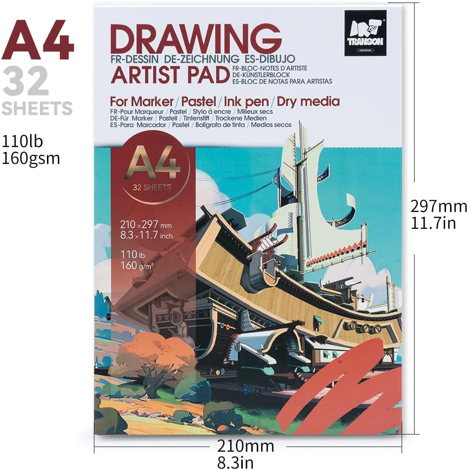 TRANSON Artist Mix Media Sketchbook Marker Pad, 8.3”x11.7” 32 Sheets A4 Art Papers, 110lb/160gsm for Painting, Drawing and Sketching - Crafty Corner