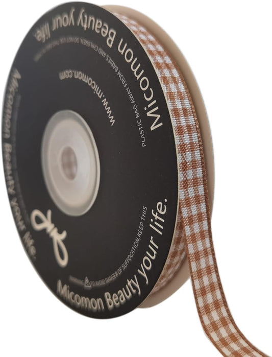 Micomon Khaki and White Woven Edge Plaid Ribbon 100% Polyester Gingham Ribbon 25 Yards Each Roll (3/8"Khaki) - Crafty Corner