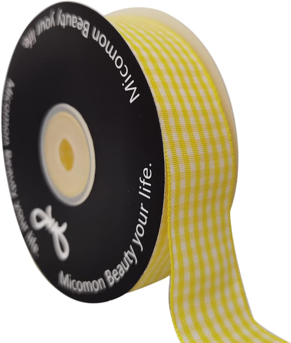 Yellow and White Gingham Ribbon Christmas Ribbon 25 Yards Each Roll 100% Polyester (1", Yellow) - Crafty Corner