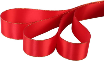 ITIsparkle 1" Inch Double Faced Satin Ribbon 25 Yards with Gold Edges, 1" X 25Yd - Red - Crafty Corner