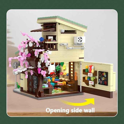 CaDA Japanese Style Cat Grocery Store House Building Set, Master C66015W City Street Brick Kit with Lights, 8921PCS Modular House Idea Gift for Adults
